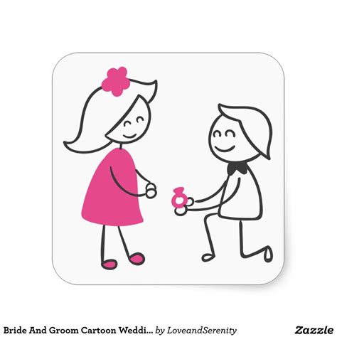 Bride And Groom Cartoon Wedding Engagement Square Sticker | Zazzle ...