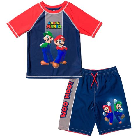 SUPER MARIO Nintendo Boys Swimwear: Rash Guard & Swim Trunks Bathing ...