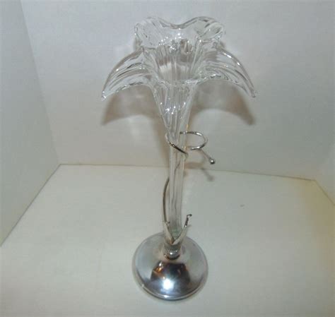 Vintage Blown Art Glass Lily Flower Vase With Silver Metal Stand Holder T56 Artglass Blow Art