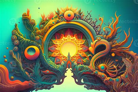 illustration of a psychedelic psychedelic psychedelic artwork with a sun and a tree. generative ...