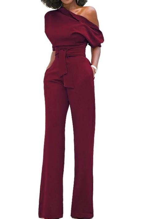 Chic Burgundy Slanted One Shoulder Wide Leg Formal Jumpsuit Jumpsuits