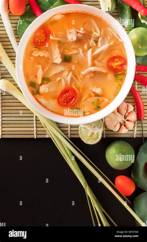 Tom Yum Gai Or Spicy Tom Yum Soup With Chicken Authentic Thai Style Food With Ingredients