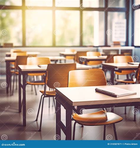 An Empty Classroom With Desks And Chairs Stock Image Image Of Rows