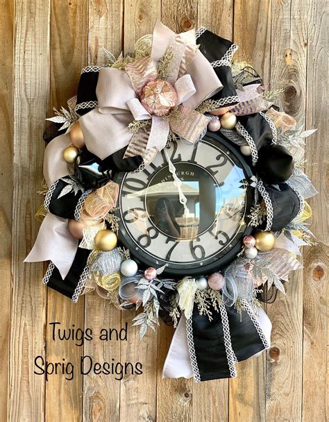 Pink And Black Clock Wreath Deco Mesh Wreath For Front Door Etsy In