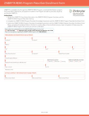 Fillable Online ZINBRYTA REMS Program Prescriber Enrollment Form Fax