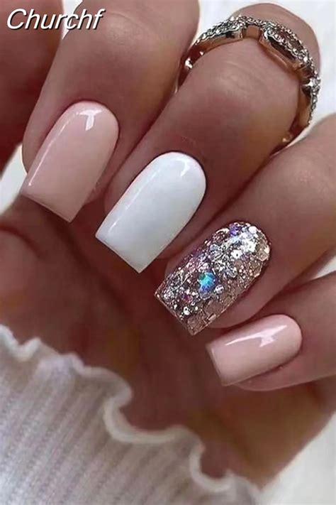 Churchf Nail Full Cover Fake Nail Pink Glitter Wearable French Short