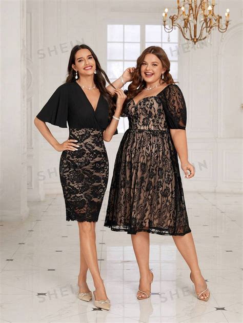 Shein Clasi Robe En Dentelle Grande Taille Avec Manches Bouffantes Et