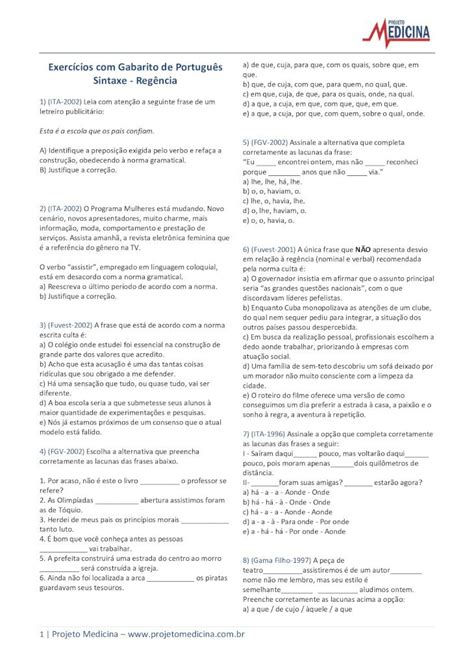 PDF Exercícios Gabarito de Português Sintaxe Regência PDF