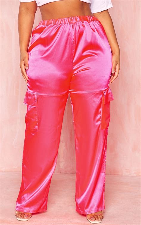 Plus Hot Pink Satin Cargo Pants Prettylittlething Ca