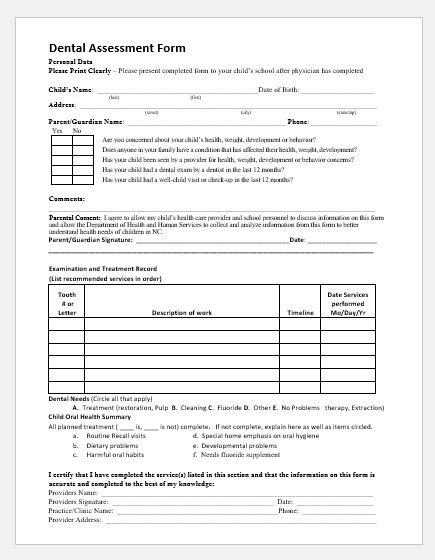 Dental Assessment Form For Word Download