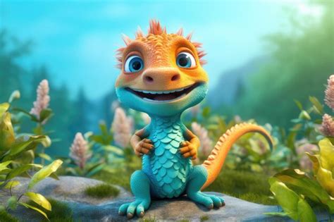 Un adorable bebé dragón lagarto ilustración 3d se encuentra en la