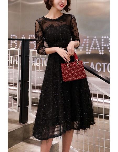 Black Knee Length Party Dress With Sheer Neck 3 4 Sleeves J1699