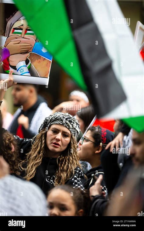 Melbourne, Australia, 15 October, 2023. Protesters are seen holding ...