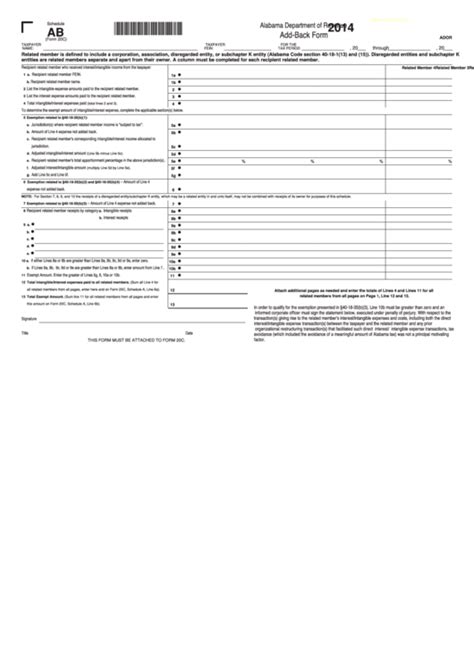 Fillable Schedule Ab Form C Alabama Add Back Form