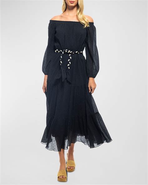 Shoshanna Talon Belted Off The Shoulder Tiered Midi Dress Navy