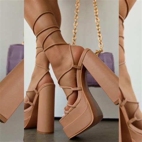 Kaylee Lace Up Platform Block High Heels Tan Beach Babe Bikini