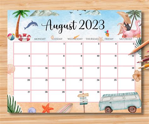 Beach Calendar Summer Calendar August Calendar Monthly Calendar