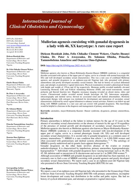 Pdf Mullerian Agenesis Coexisting With Gonadal Dysgenesis In A Lady