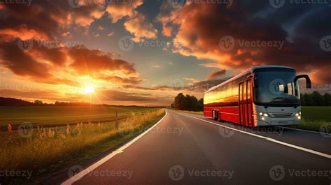 A Red Bus Driving Down The Road At Sunset Generative Ai Stock