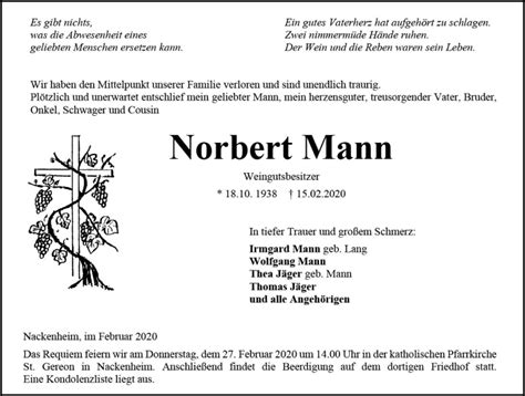 Traueranzeigen Von Norbert Mann Vrm Trauer De