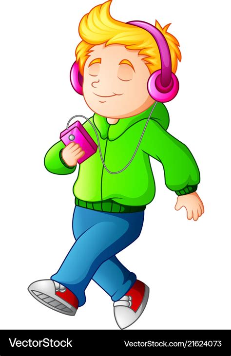 Cartoon Boy Walking And Listening Music Player Vector Image