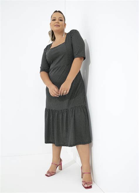 Vestido Poá Preto Com Babado Plus Size Marguerite