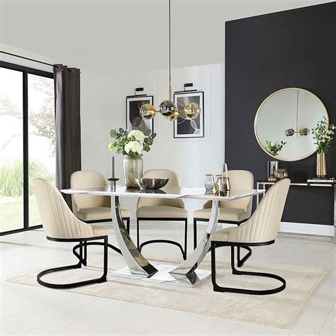 Peake Dining Table 6 Riva Chairs White Marble Effect Chrome Ivory