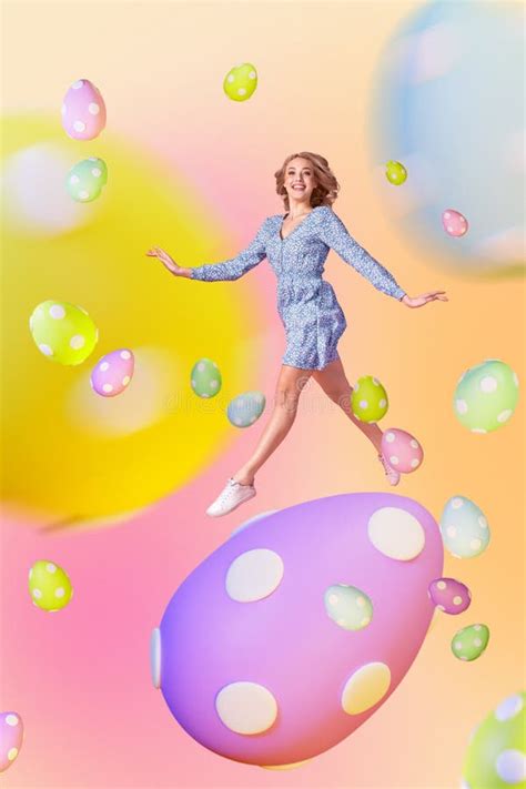 Creative Vertical Picture Collage Young Happy Carefree Woman Levitating