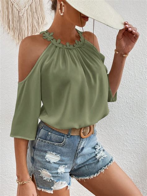 Shein Vcay Cold Shoulder Guipure Lace Trim Blouse Shein Usa