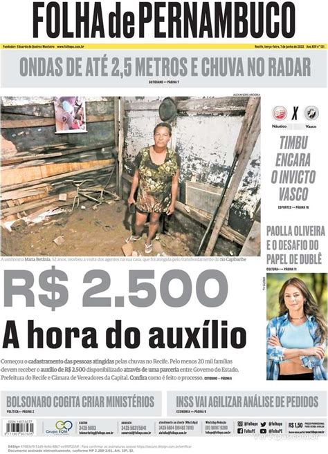 Capa Folha de Pernambuco Edição Terça 7 de Junho de 2022