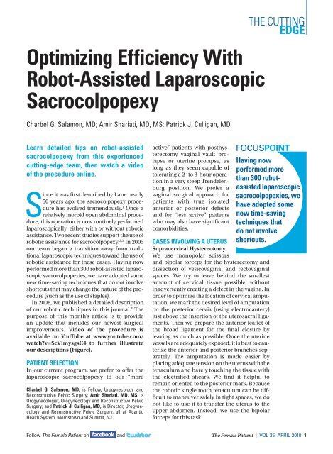 Optimizing Efficiency With Robot Assisted Laparoscopic Sacrocolpopexy