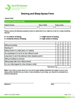 Fillable Online Snoring And Sleep Apnea Form Fax Email Print Pdffiller