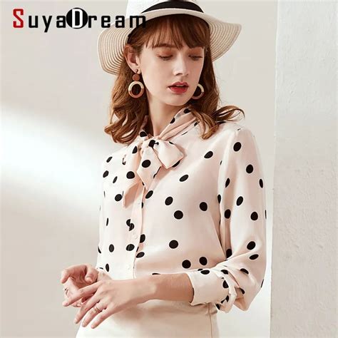 Suyadream Women Dots Printed Bow Collar Blouses Silk Crepe Long