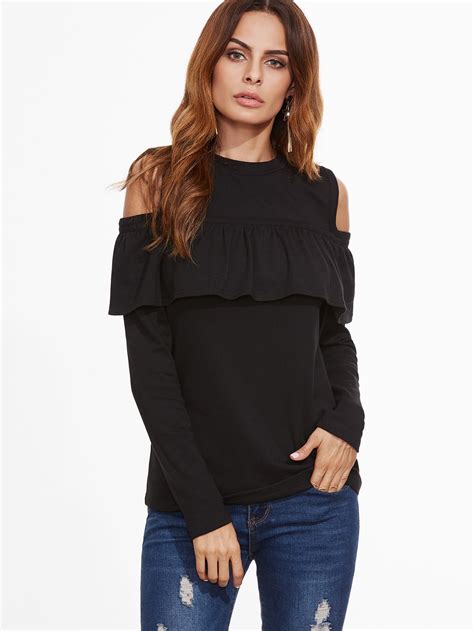 Black Open Shoulder Ruffle T Shirt Shein Sheinside