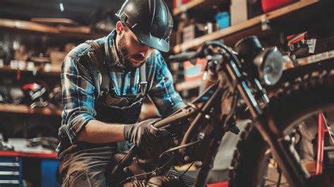 Automobile Mechanic Repairing Motorcycle In Bike Repair Shop Background