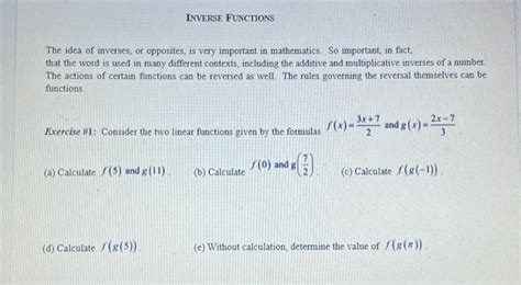 Solved Inverse Functions The Idea Of Inverses Or Opposites