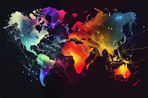 Colored World Map Illuminated Glowing Lines Connecting Continents