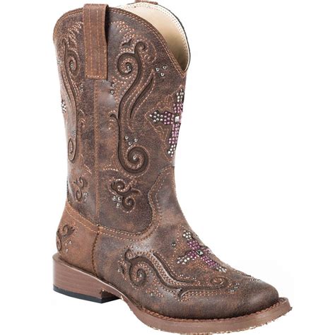 Roper Faith Square Toe Kids Girls Western Cowboy Boots Mid Calf Brown