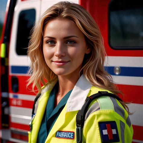 Premium Photo Woman Paramedic Next To Ambulance Smiling