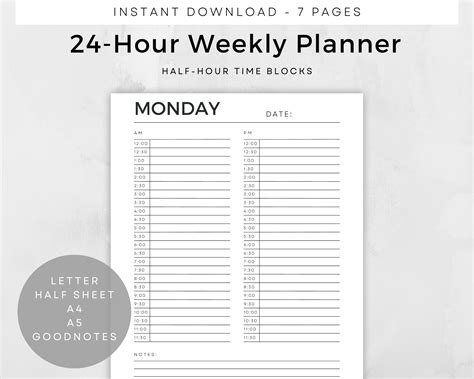 Printable 24 Hour Daily Planner Weekly Planner 24 Hour Planner Time