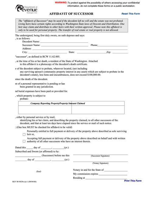 Fillable Affidavit Of Successor Template Printable Pdf Download