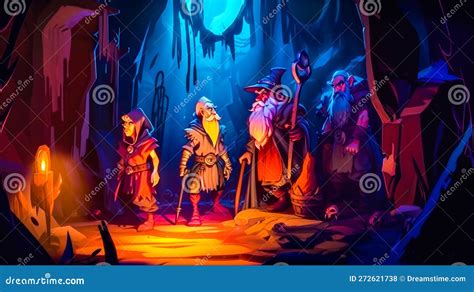 Group Of People Standing In Cave With Torches Generative Ai Stock