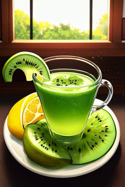 Un Vaso De Deliciosa Bebida De Fruta De Kiwi Verde En La Mesa De La