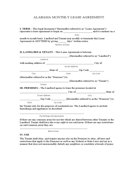 Free Printable Alabama Residential Lease Agreement