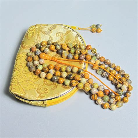 8mm Yellow Moss Agate 108 Knotted Buddhist Malas Mala Necklace