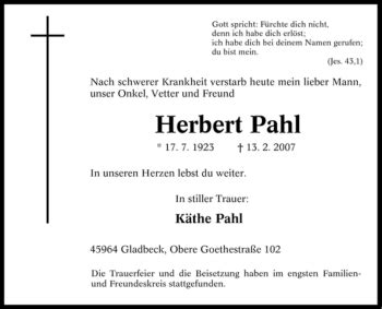 Traueranzeigen Von Herbert Pahl Trauer In Nrw De