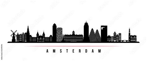 Amsterdam City Skyline Horizontal Banner Black And White Silhouette Of