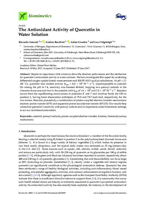 Pdf The Antioxidant Activity Of Quercetin In Water Solution Luca Valgimigli