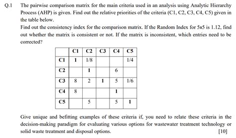 Solved Q1 The Pairwise Comparison Matrix For The Main