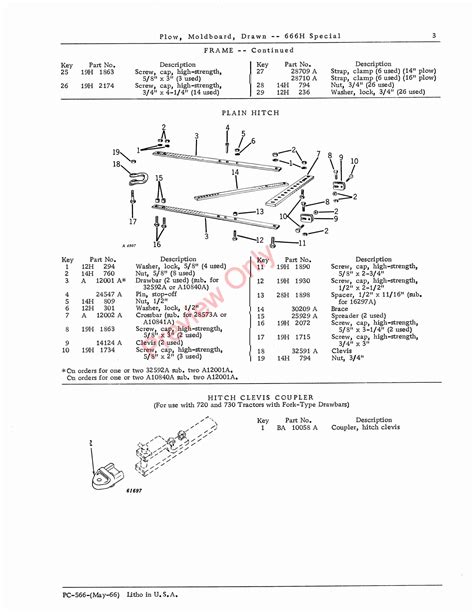 John Deere Drawn Moldboard Plow 666h Special Parts Catalog Pc566 01may66